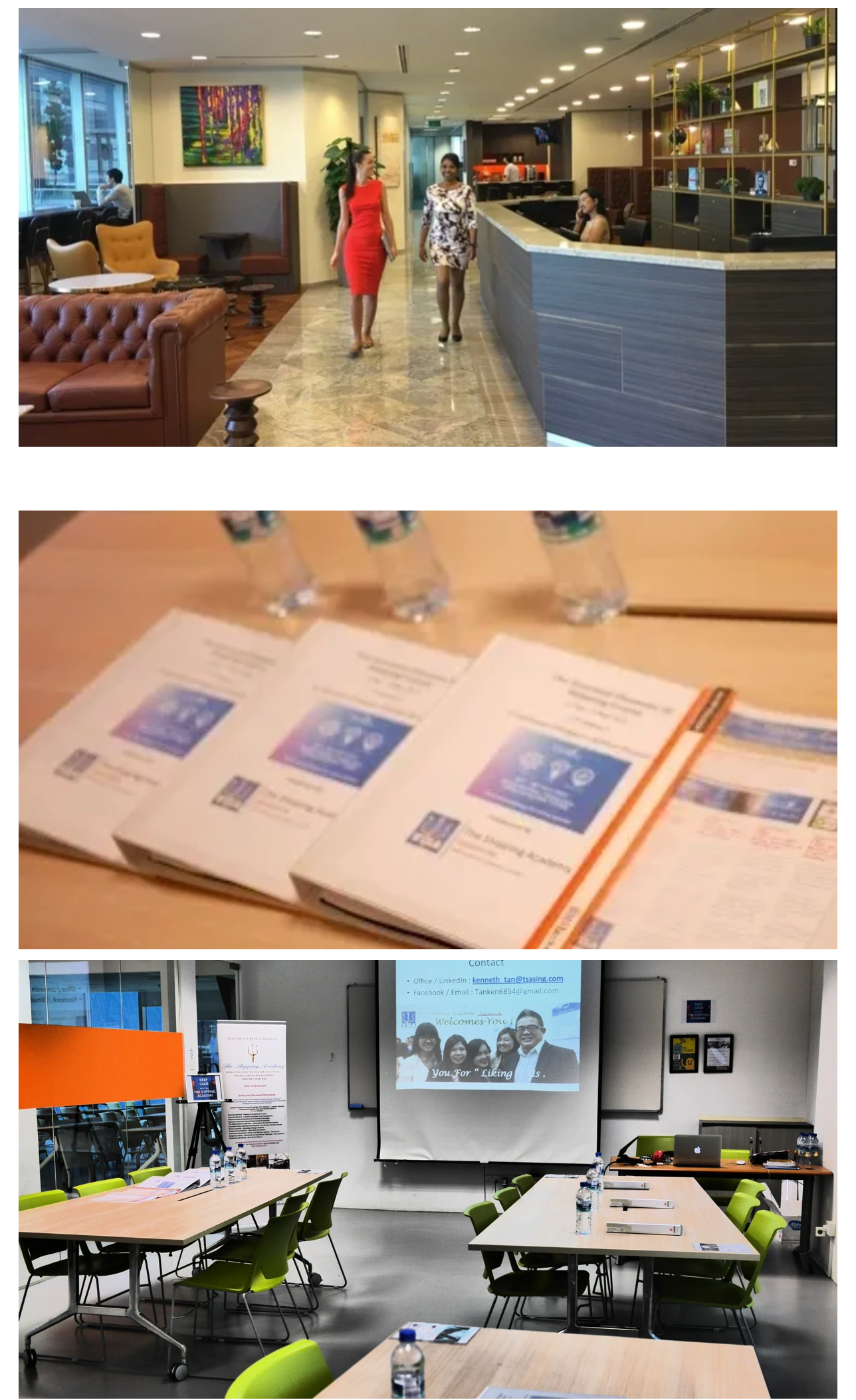 TSA office interiors at The Metropolis — reception lobby with two ladies, TSA course materials and notebooks, and training room setup