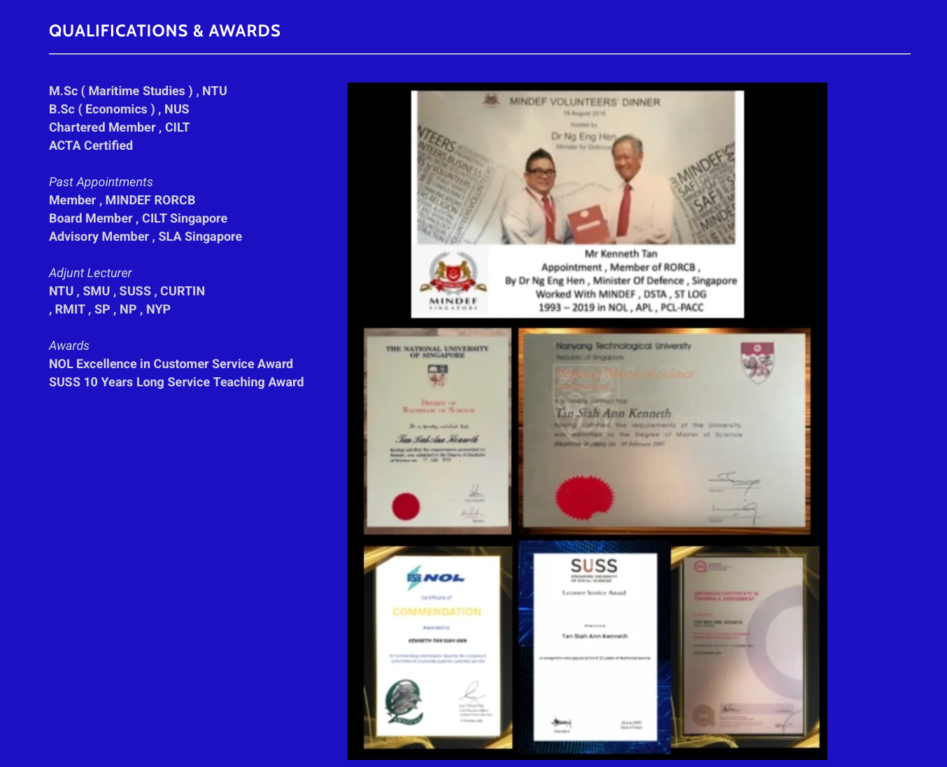 Kenneth Tan's qualifications, awards and certificates — NUS B.Sc, NTU M.Sc, MINDEF appointment by Minister of Defence, NOL commendation, SUSS Long Service Award